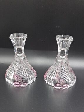 Vintage Clear and Pink Glass Decorative Candle Holders - Pair